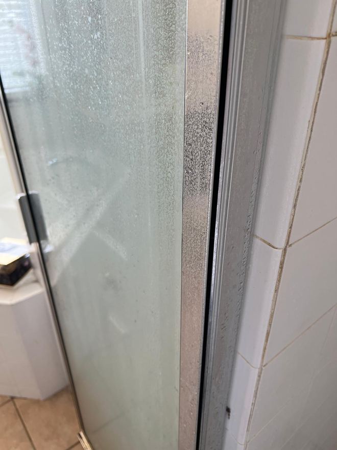 Shower door before cleaning